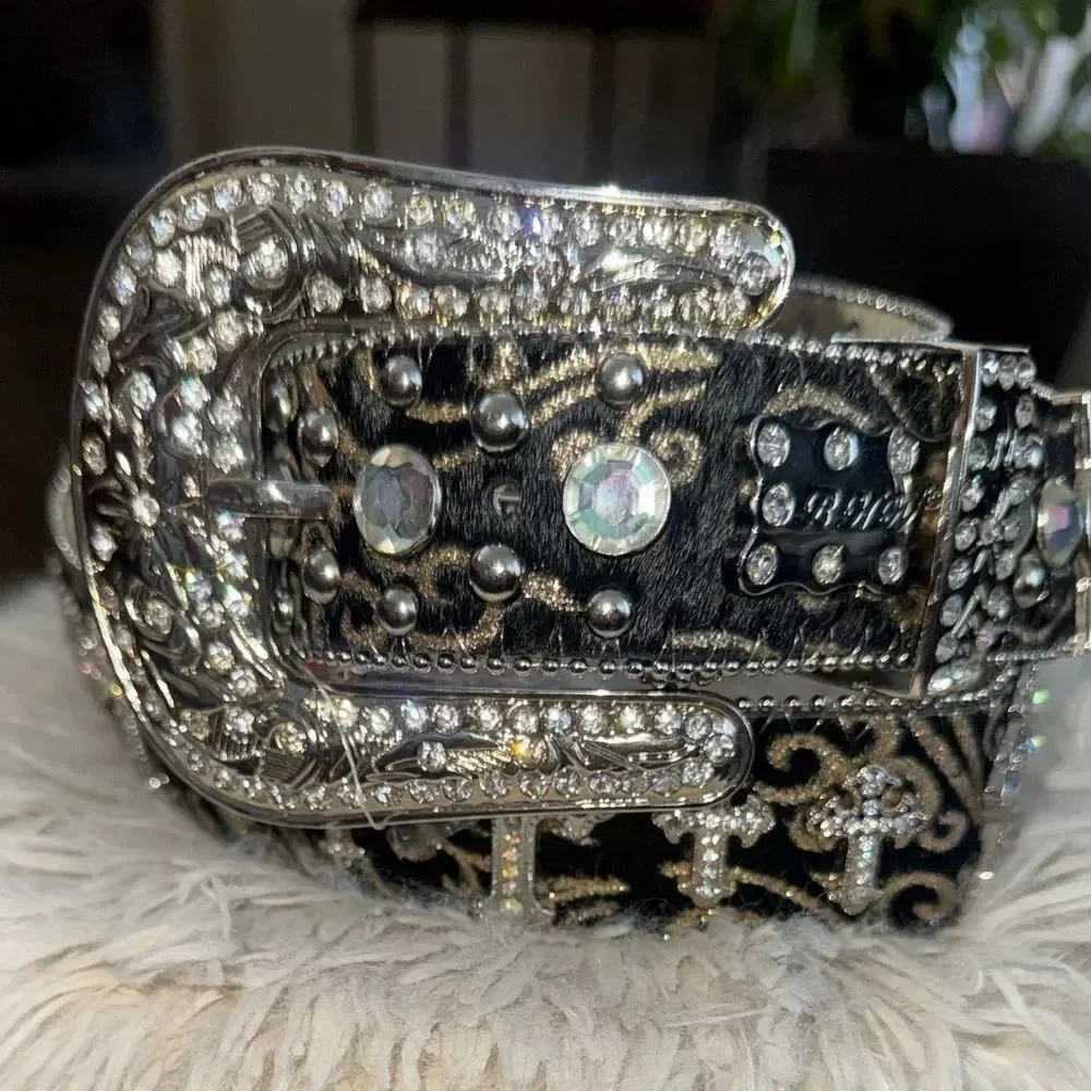 BHW Genuine Leather Cross Rhinestone Western Cowgirl Bling Belt Size large nwot